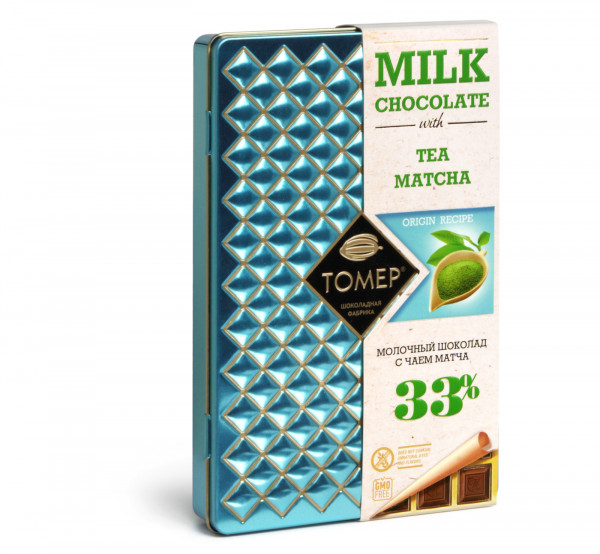 №1 Фабрика Томер металлический бокс Молочный шоколад с чаем МАТЧА ,33%  90г в Туймазы