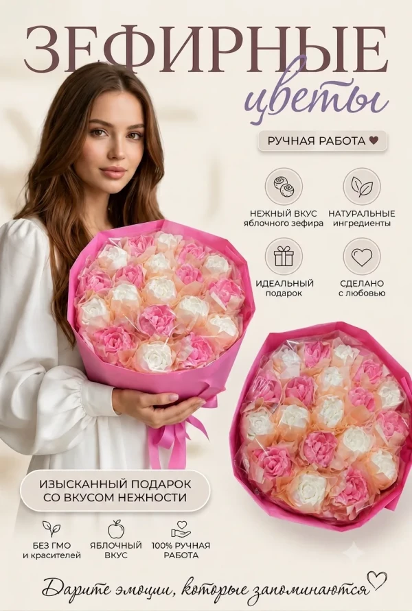№1 Букет Зефирный Размер XL бело-розовый,350г(цвет упаковочного материала может отличаться от фото на сайте) в Туймазы